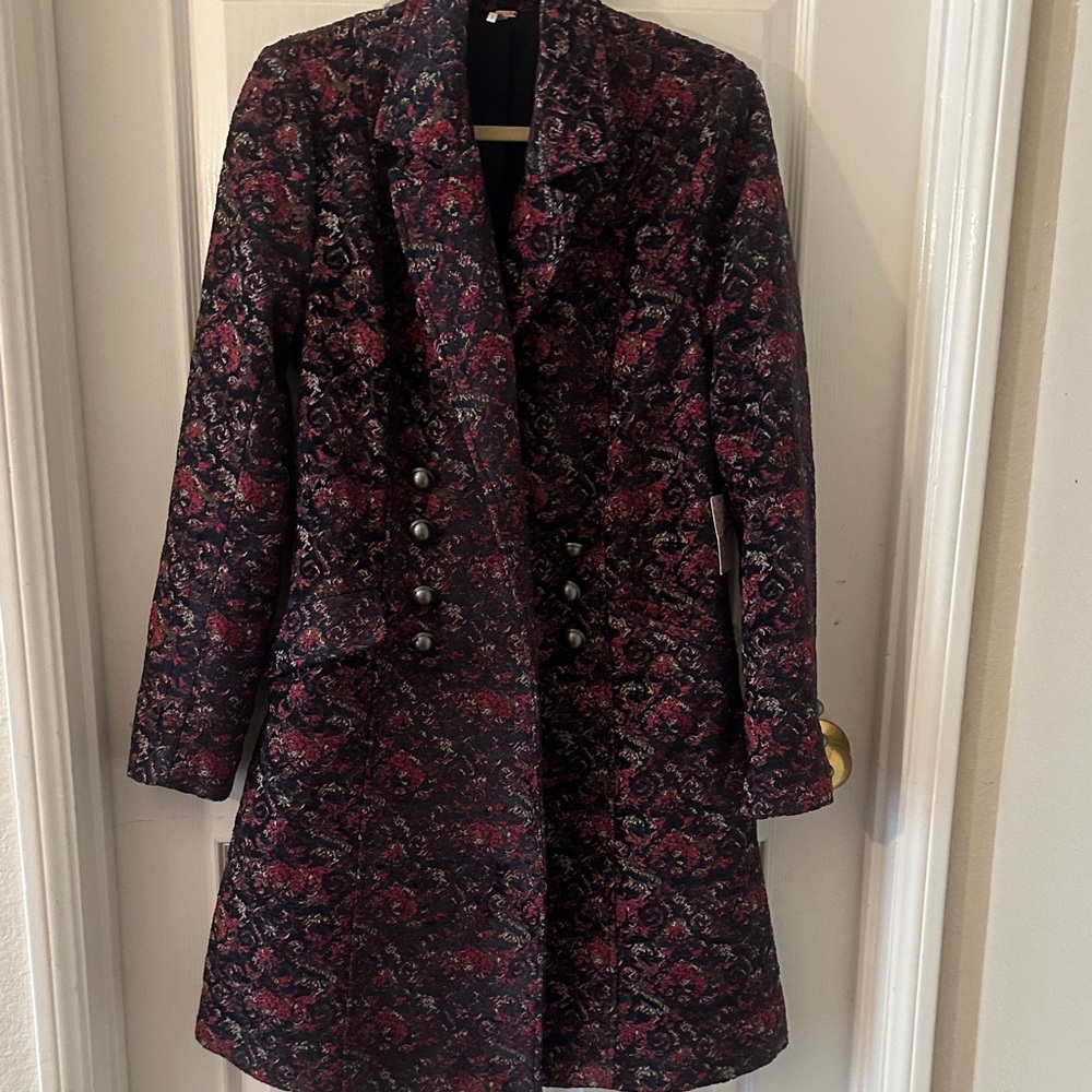 Free people Women's Floral Jacquard Double-Breasted Coat - Burgundy/Black